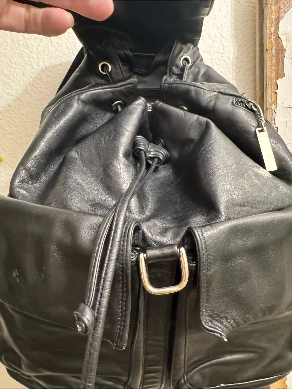 Vintage 1990’s/Y2K Perlina New York Black Leather Backpack Purse Drawstring
